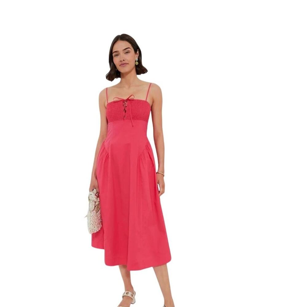 Women's Pink Midi Dress with Lace-Up Bodice